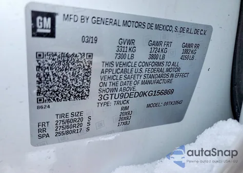 2019 GMC Sierra K1500 Slt z USA, uszkodzony, nr VIN 3GTU9DED0KG156869